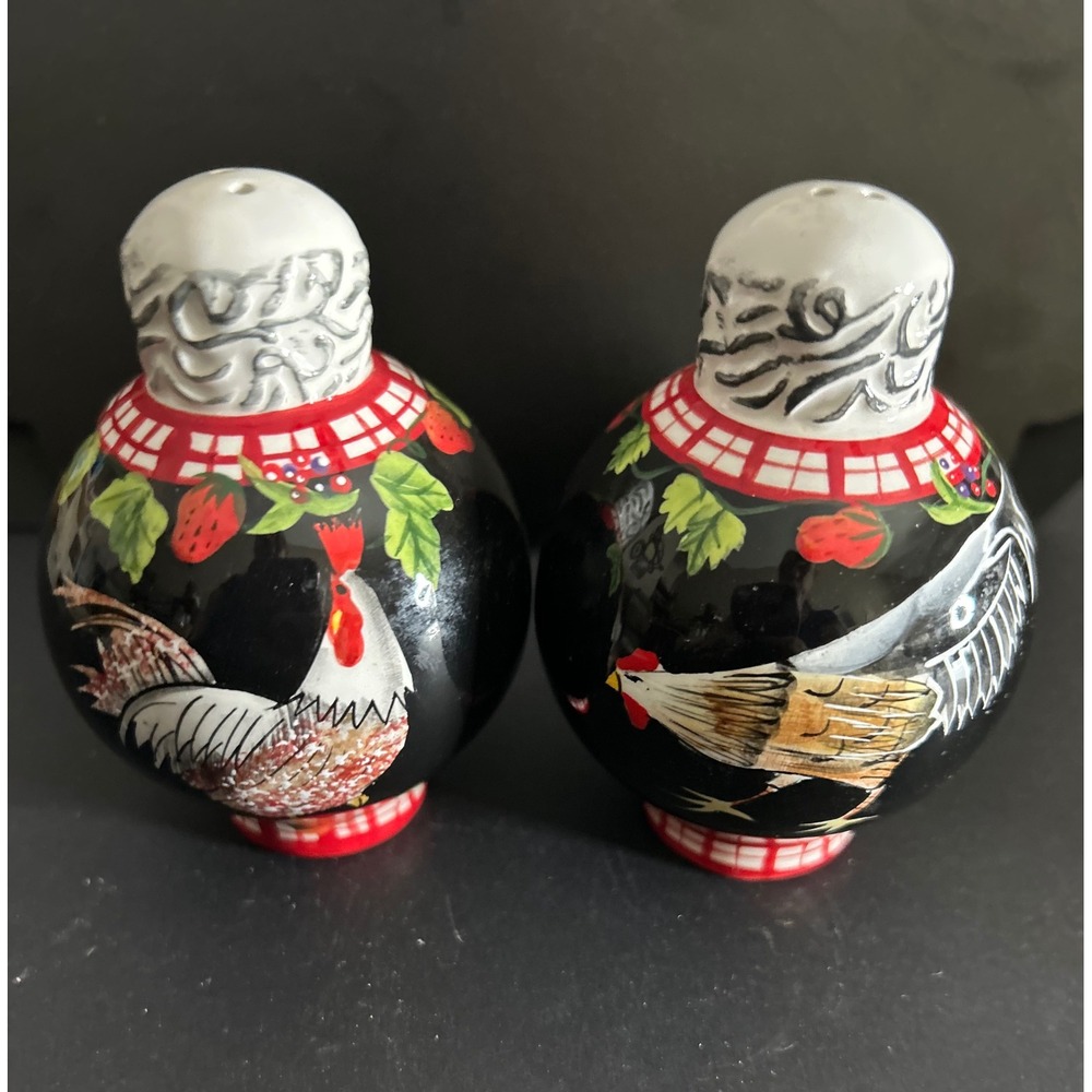 Salt and Pepper Shakers Black Rooster Hen Gingham Strawberry Collectible Set